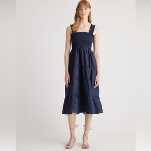 Quince 100% European Linen Smocked Midi Dress in navy size small NWT
